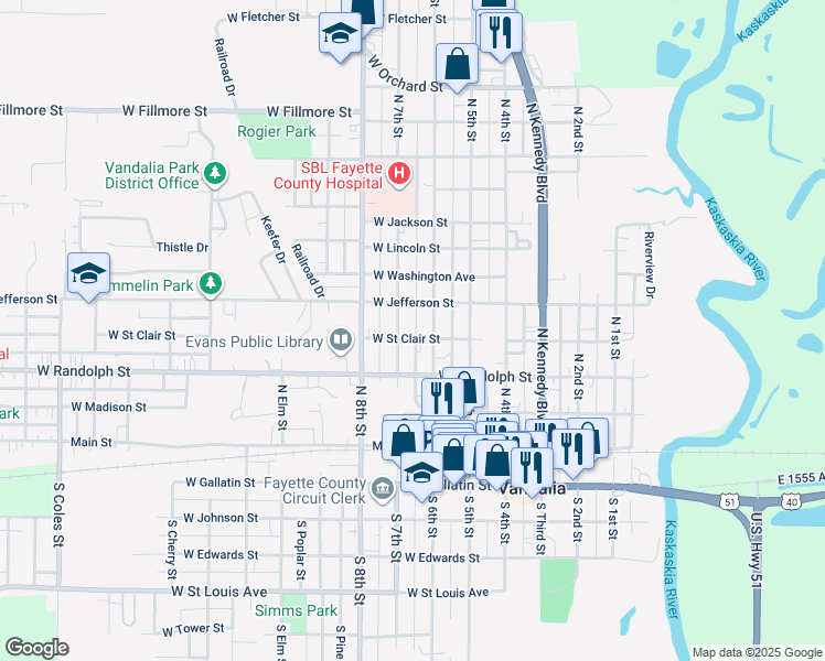 map of restaurants, bars, coffee shops, grocery stores, and more near 621 West Street Clair Street in Vandalia