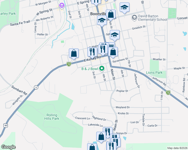 map of restaurants, bars, coffee shops, grocery stores, and more near 300 Pine Street in Boonville