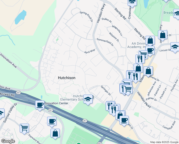 map of restaurants, bars, coffee shops, grocery stores, and more near 2115 Monaghan Drive in Herndon