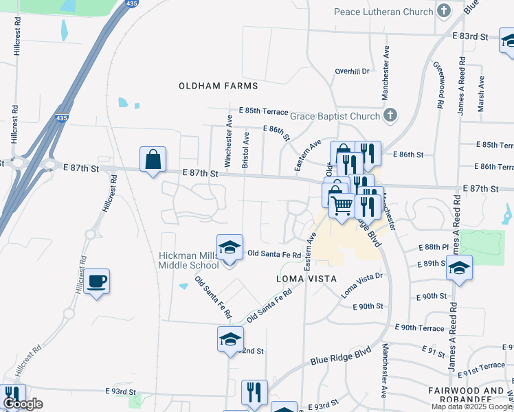 map of restaurants, bars, coffee shops, grocery stores, and more near 8722 Corrington Avenue in Kansas City