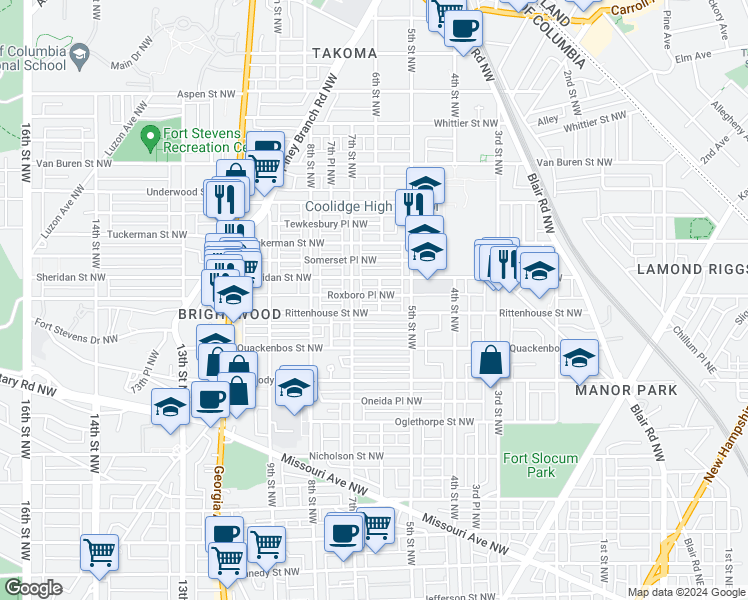 map of restaurants, bars, coffee shops, grocery stores, and more near 604 Roxboro Place Northwest in Washington