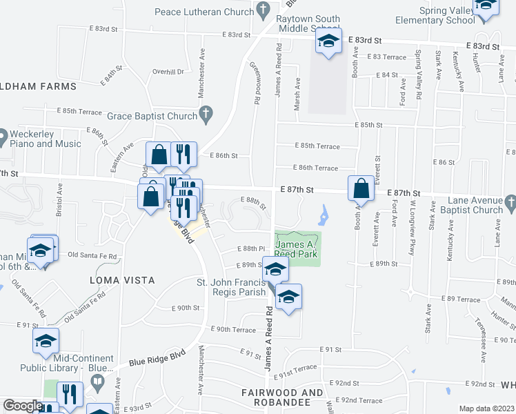 map of restaurants, bars, coffee shops, grocery stores, and more near 8033 East 88th Street in Kansas City