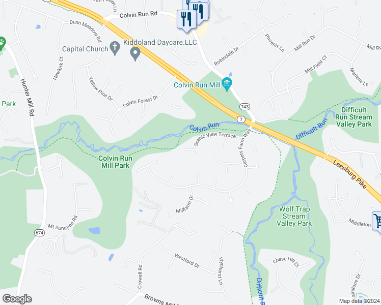 map of restaurants, bars, coffee shops, grocery stores, and more near 10032 Scenic View Terrace in Vienna
