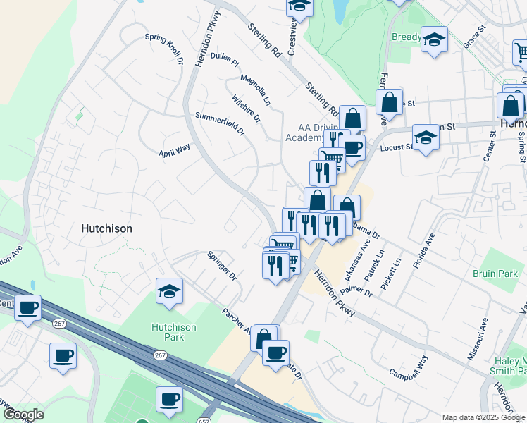 map of restaurants, bars, coffee shops, grocery stores, and more near 1167 Herndon Parkway in Herndon