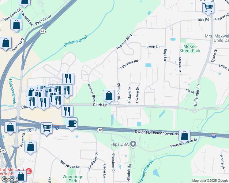 map of restaurants, bars, coffee shops, grocery stores, and more near 1305a Olympic Boulevard in Columbia