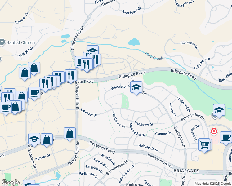 map of restaurants, bars, coffee shops, grocery stores, and more near 2470 Linenhall Court in Colorado Springs