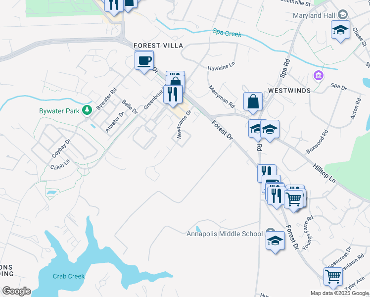 map of restaurants, bars, coffee shops, grocery stores, and more near 30 Juliana Cir E in Annapolis
