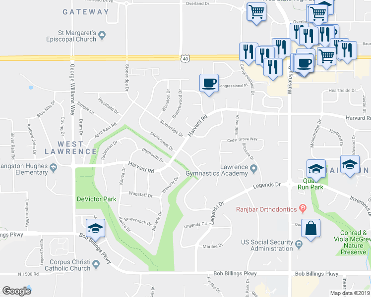 map of restaurants, bars, coffee shops, grocery stores, and more near 5229 Harvard Road in Lawrence