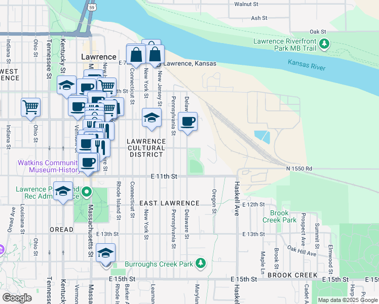 map of restaurants, bars, coffee shops, grocery stores, and more near 702 East 11th Street in Lawrence