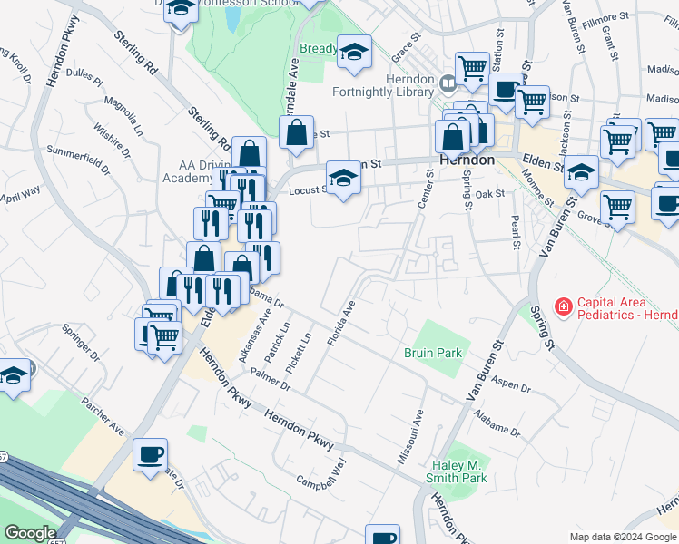 map of restaurants, bars, coffee shops, grocery stores, and more near 529 Florida Avenue in Herndon