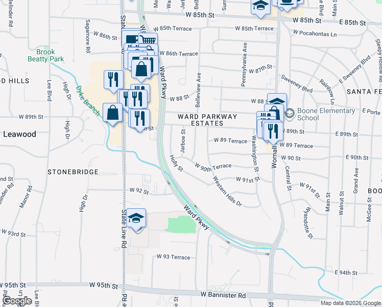 map of restaurants, bars, coffee shops, grocery stores, and more near 9001 Belleview Avenue in Kansas City