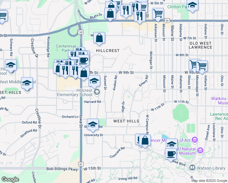 map of restaurants, bars, coffee shops, grocery stores, and more near 1001 Avalon Rd in Lawrence