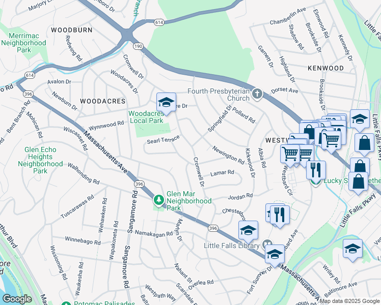 map of restaurants, bars, coffee shops, grocery stores, and more near 5608 Cromwell Drive in Bethesda