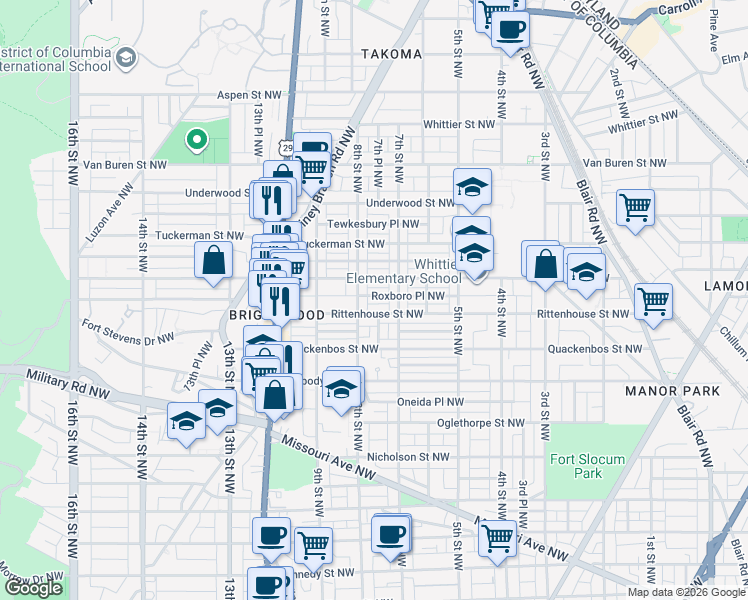 map of restaurants, bars, coffee shops, grocery stores, and more near 726 Roxboro Place Northwest in Washington