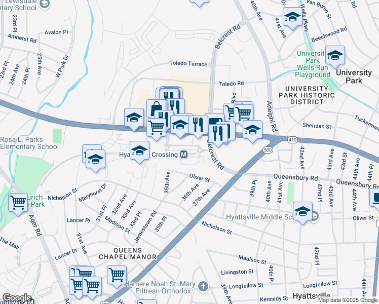 map of restaurants, bars, coffee shops, grocery stores, and more near 2900 Belcrest Center Drive in Hyattsville
