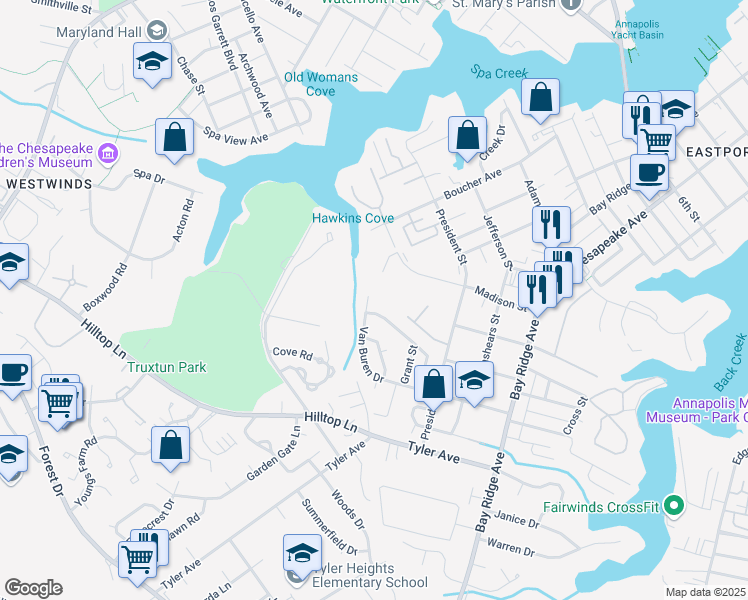 map of restaurants, bars, coffee shops, grocery stores, and more near 1328 Van Buren Drive in Annapolis
