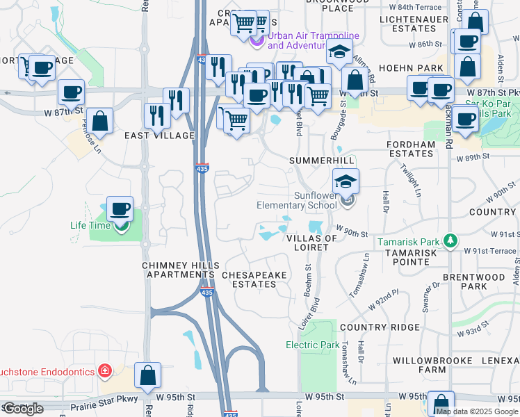 map of restaurants, bars, coffee shops, grocery stores, and more near 16085 West 90th Street in Lenexa