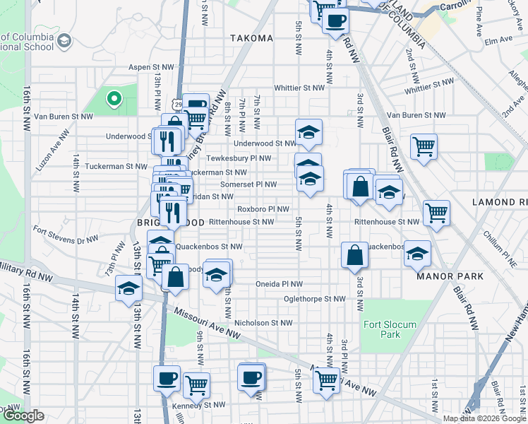 map of restaurants, bars, coffee shops, grocery stores, and more near 618 Roxboro Place Northwest in Washington