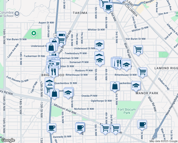 map of restaurants, bars, coffee shops, grocery stores, and more near 532 Roxboro Place Northwest in Washington