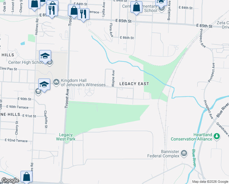 map of restaurants, bars, coffee shops, grocery stores, and more near 8900 Wayne Avenue in Kansas City