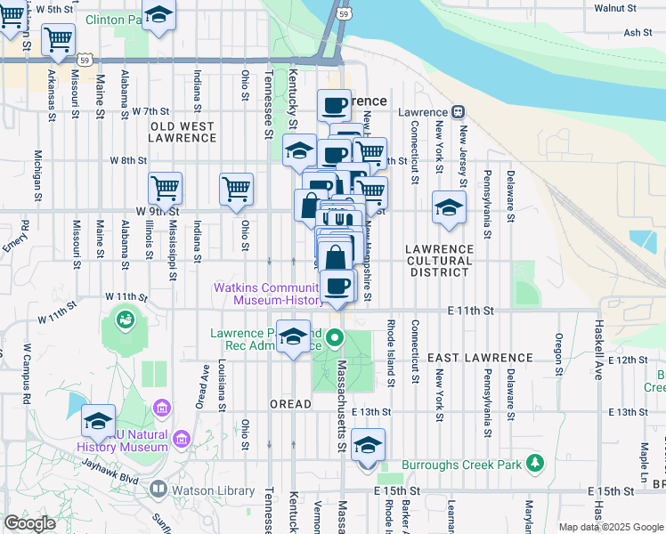 map of restaurants, bars, coffee shops, grocery stores, and more near 1001 Massachusetts Street in Lawrence