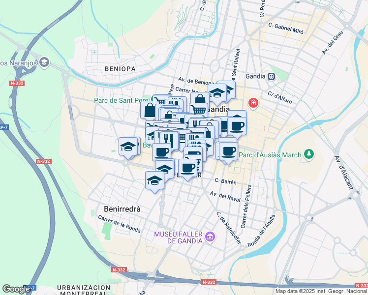 map of restaurants, bars, coffee shops, grocery stores, and more near 3 Carrer Abat Solà in Gandia