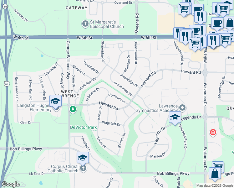 map of restaurants, bars, coffee shops, grocery stores, and more near 5612 Plymouth Dr in Lawrence