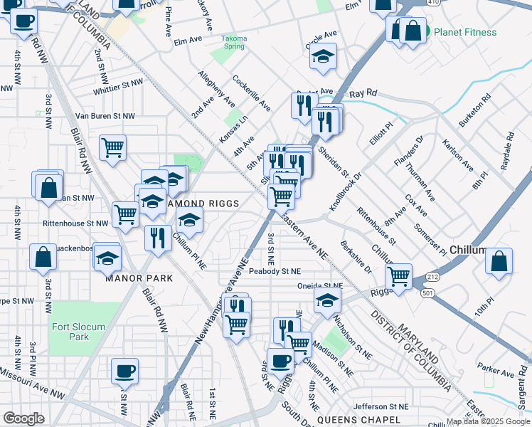 map of restaurants, bars, coffee shops, grocery stores, and more near 6204 New Hampshire Avenue Northeast in Washington
