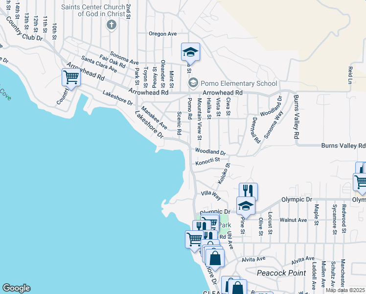map of restaurants, bars, coffee shops, grocery stores, and more near 13949 Lakeshore Drive in Clearlake