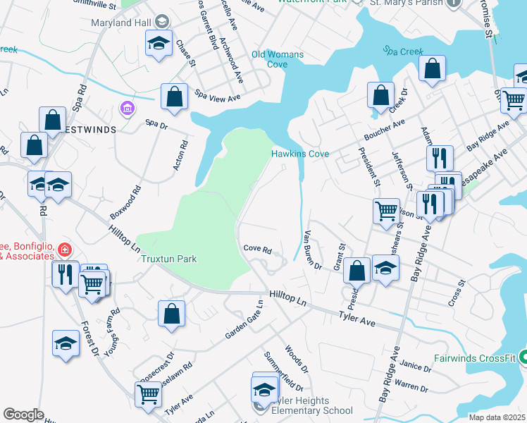map of restaurants, bars, coffee shops, grocery stores, and more near 1006 Primrose Road in Annapolis
