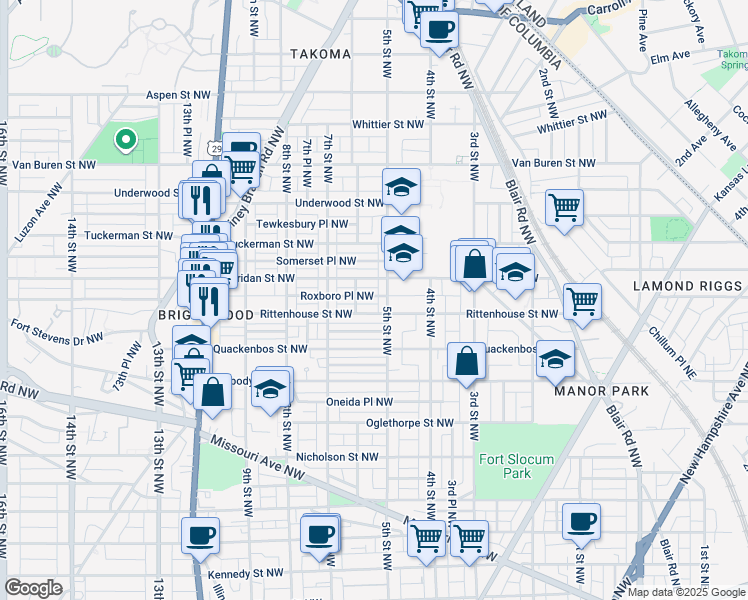 map of restaurants, bars, coffee shops, grocery stores, and more near 514 Roxboro Place Northwest in Washington