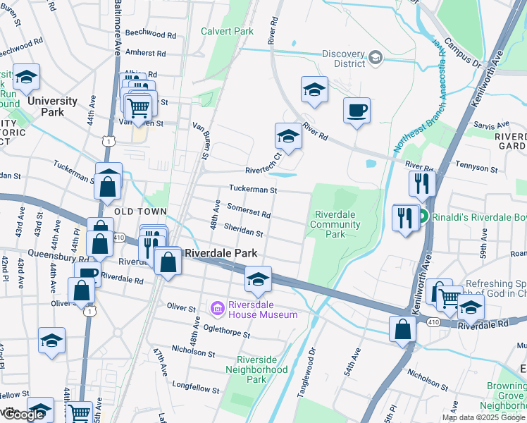 map of restaurants, bars, coffee shops, grocery stores, and more near 4910 Somerset Road in Riverdale Park