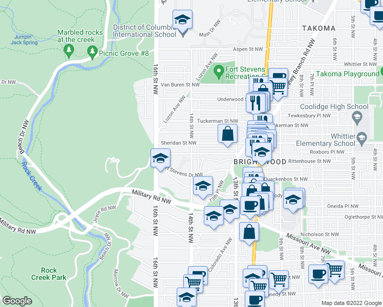 map of restaurants, bars, coffee shops, grocery stores, and more near 14th St NW & Rittenhouse St NW in Washington