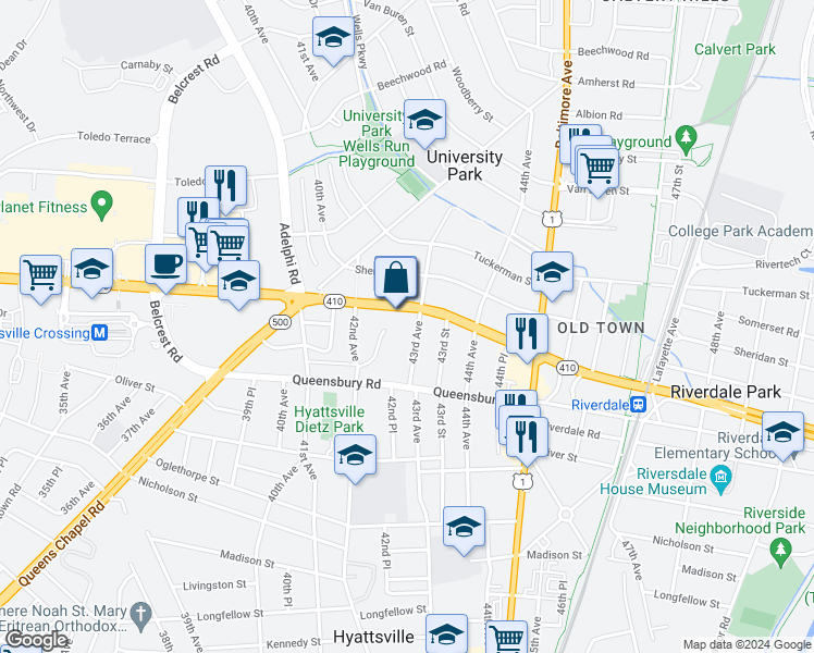 map of restaurants, bars, coffee shops, grocery stores, and more near 6216 43rd Ave in Hyattsville