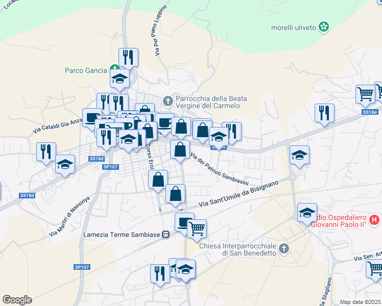 map of restaurants, bars, coffee shops, grocery stores, and more near 18 Via Luigi Rizzo in Lamezia Terme