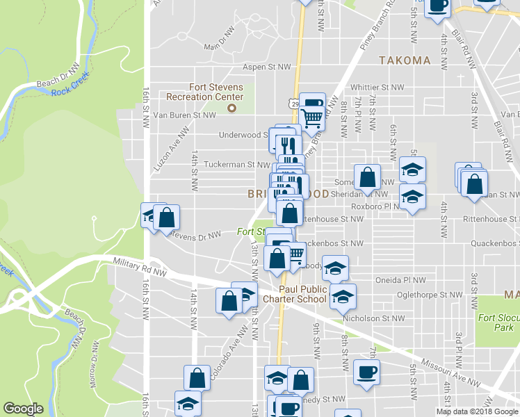 map of restaurants, bars, coffee shops, grocery stores, and more near 6236 Piney Branch Road Northwest in Washington