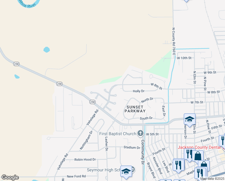 map of restaurants, bars, coffee shops, grocery stores, and more near 721 Coventry Drive in Seymour