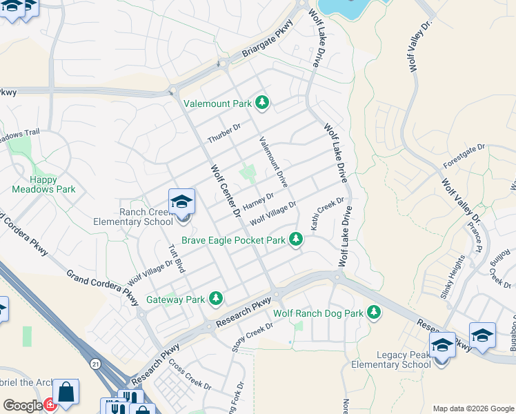 map of restaurants, bars, coffee shops, grocery stores, and more near 5963 Harney Dr in Colorado Springs