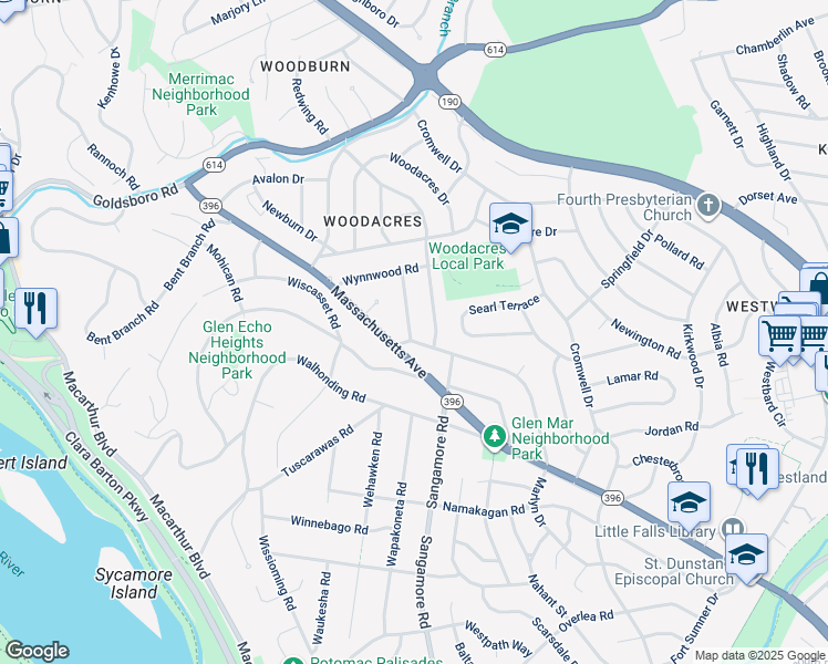 map of restaurants, bars, coffee shops, grocery stores, and more near 5603 Harwick Road in Bethesda