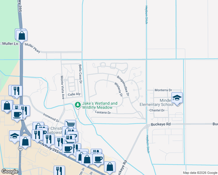 map of restaurants, bars, coffee shops, grocery stores, and more near 1767 Iris Ct in Minden