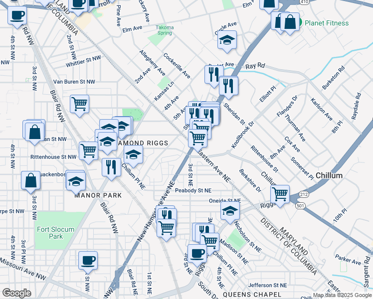 map of restaurants, bars, coffee shops, grocery stores, and more near 6204 New Hampshire Avenue Northeast in Washington