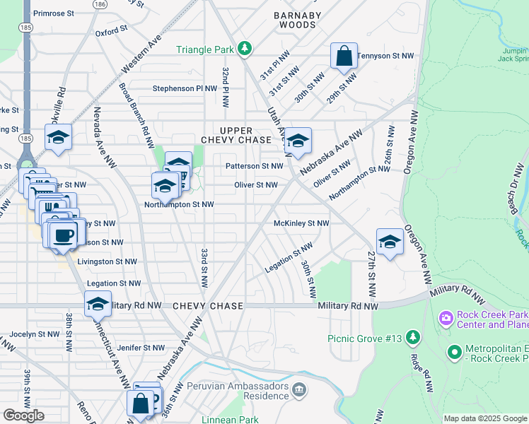 map of restaurants, bars, coffee shops, grocery stores, and more near 5616 Nebraska Avenue Northwest in Washington