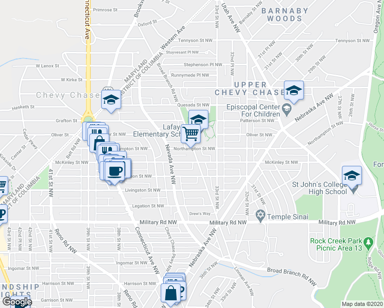 map of restaurants, bars, coffee shops, grocery stores, and more near 5606 Broad Branch Road Northwest in Washington