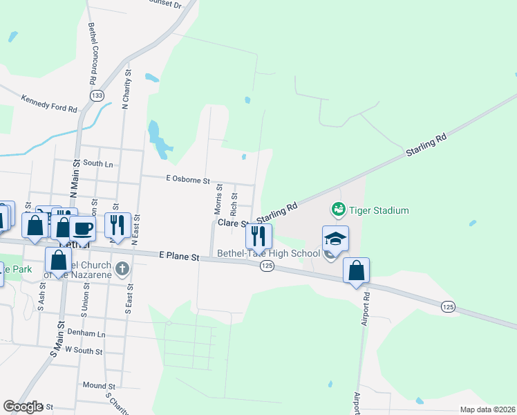 map of restaurants, bars, coffee shops, grocery stores, and more near 228 Campbell Ln in Bethel