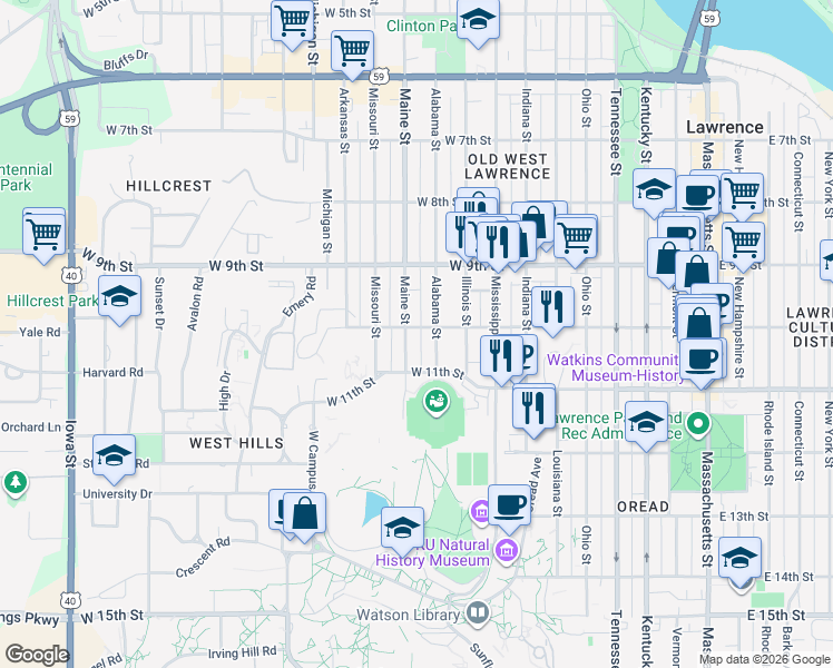 map of restaurants, bars, coffee shops, grocery stores, and more near 1019 West 10th Street in Lawrence