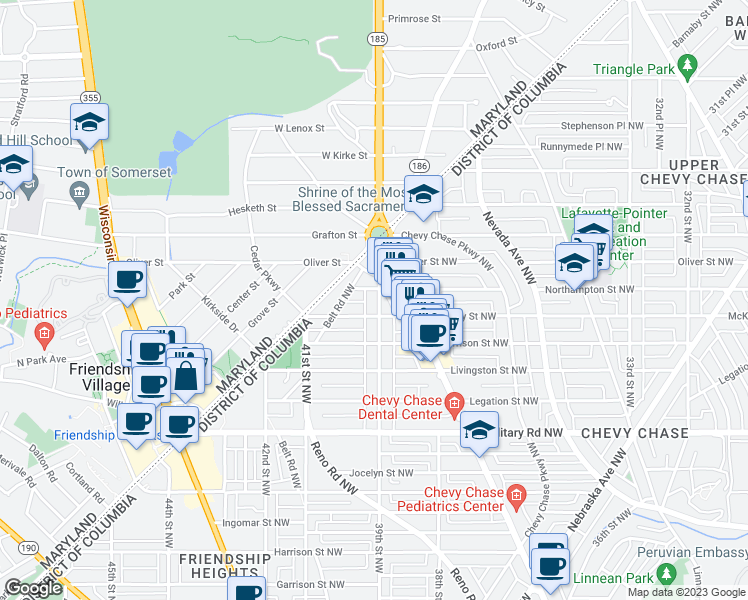 map of restaurants, bars, coffee shops, grocery stores, and more near 5608 39th Street Northwest in Washington