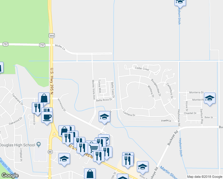 map of restaurants, bars, coffee shops, grocery stores, and more near 1764 Bella Casa Drive in Minden