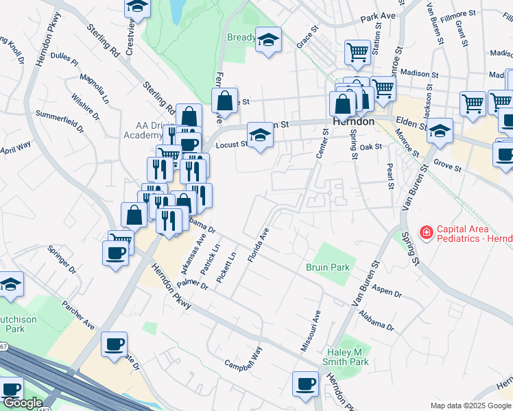 map of restaurants, bars, coffee shops, grocery stores, and more near 527 Florida Avenue in Herndon