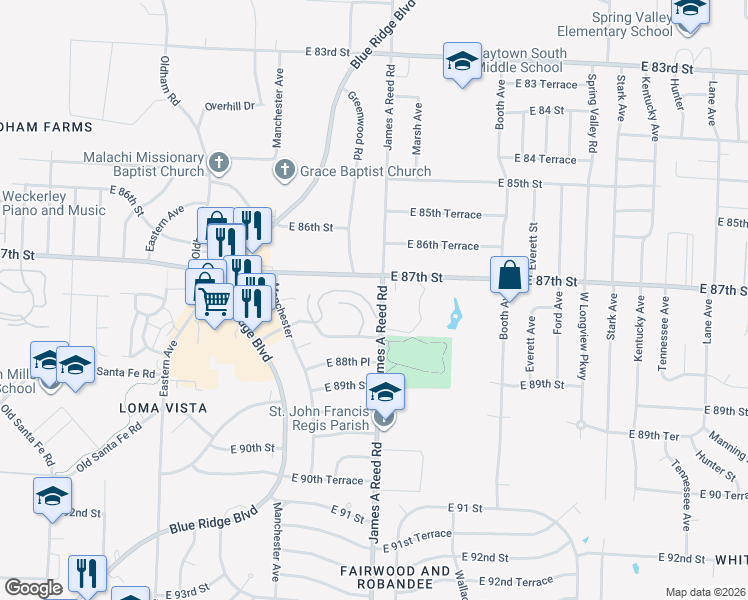 map of restaurants, bars, coffee shops, grocery stores, and more near 8035 Sycamore Avenue in Kansas City
