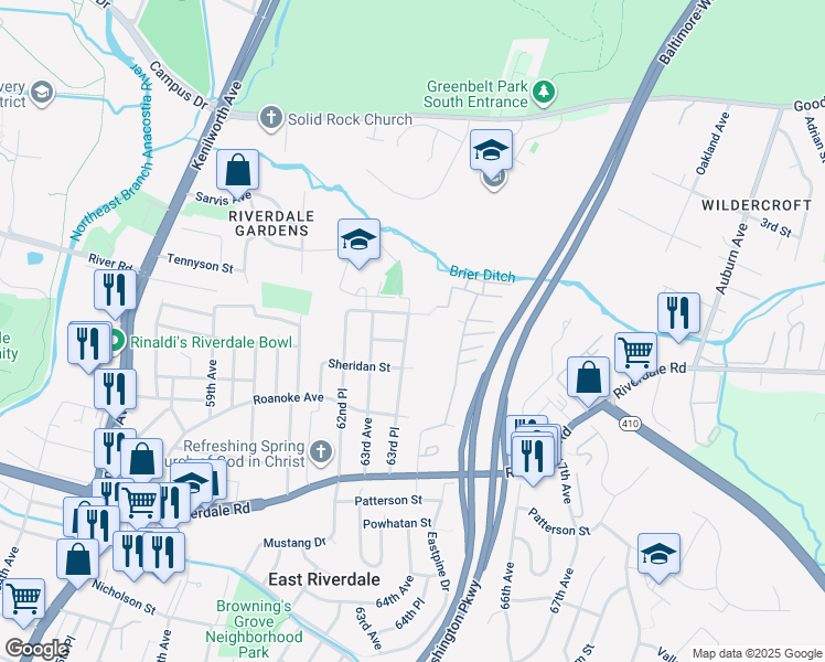 map of restaurants, bars, coffee shops, grocery stores, and more near 6415 63rd Place in East Riverdale